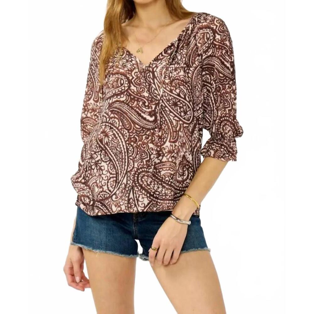 NEW MINT EXCLUSIVES smocked split neck blouse in brown paisley
